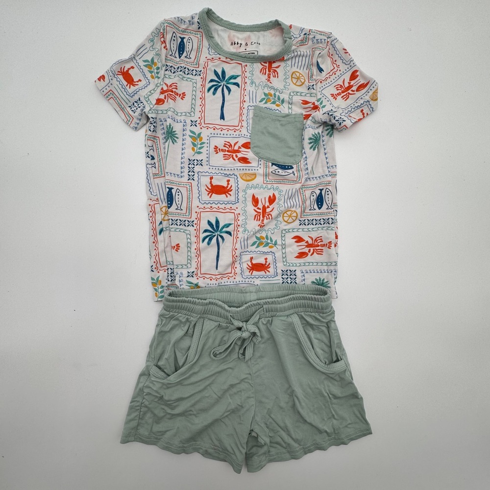 Abby & Evie Boys 2 Piece Outfit Size 4 Bamboo Crab Lobster Palm Tree Shirt Short